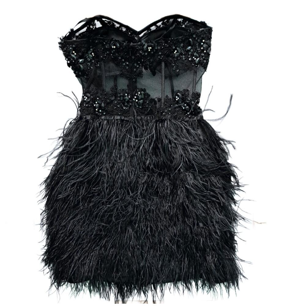Cinderella Black Feather Corset Mini Dress Strapless Beaded Prom Size 4 Cocktail - Picture 13 of 16